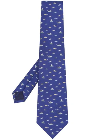 Pre-owned Ferragamo 2000s Boat Print Tie In Blue