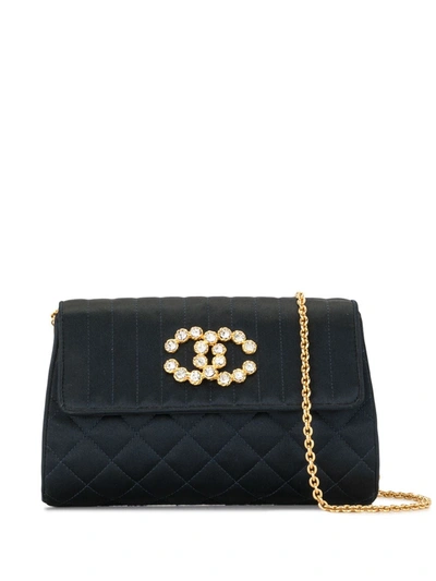 Pre-owned Chanel 1992 Quilted Rhinestone Cc Clutch In Black