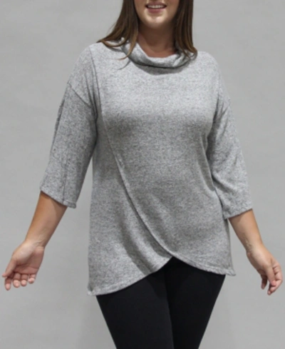 Coin 1804 Women's Plus Size 3/4 Sleeve Surplice Cowl Neck Top In Heather Gray