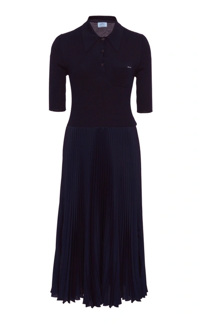 Prada Ribbed-knit And Plissé Midi Dress In Navy