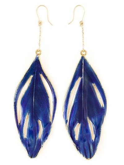 Aurelie Bidermann 18k Gold Genuine Feather Earrings In Blue Klein