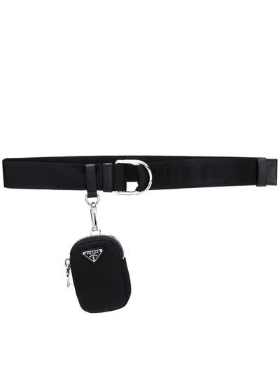 Prada Double Ring Pouch Detail Belt In Black