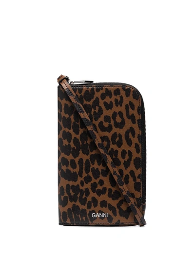 Ganni Leopard-print Leather Phone Holder In Brown