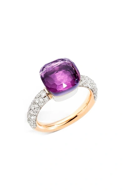 Pomellato Nudo Maxi Ring With Faceted Amethyst And Diamonds In 18k White And Rose Gold In Purple/white