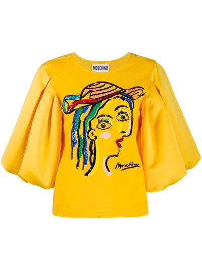 Moschino Embroidered Face T-shirt In Yellow