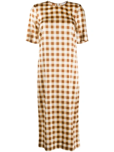 Ganni Gingham Silk-blend Satin Midi Dress In Neutrals