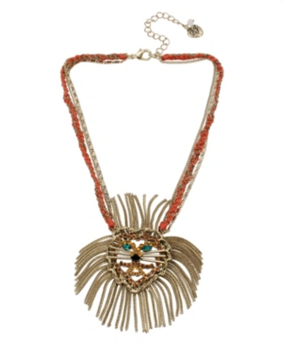 Betsey Johnson Lion Pendant Necklace In Gold-tone Metal, 15" + 3" Extender In Brown