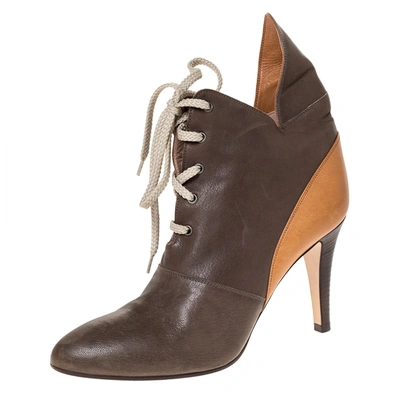 Pre-owned Chloé 2 Tone Leather Lace Up Ankle Boots Size 38.5 In Brown