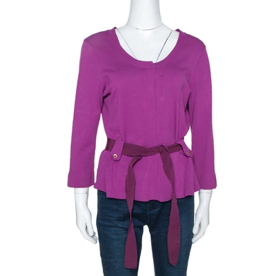 Pre-owned Ch Carolina Herrera Fuschia Stretch Knit Belted Cardigan L In Purple