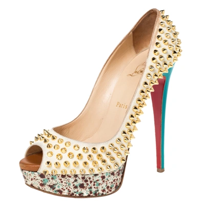 Pre-owned Christian Louboutin Multicolor Lady Peep Toe Spikes Platform Pumps Size 38.5