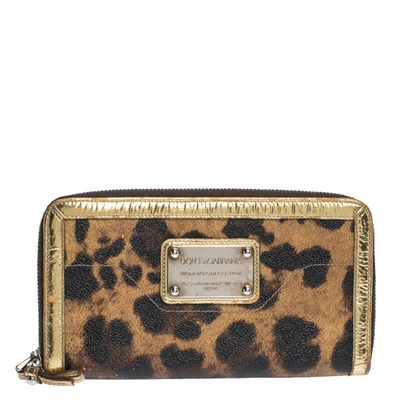 Pre-owned Dolce & Gabbana Brown/black Leopard Print Coated Canvas And Patent Leather Zip Around Wallet