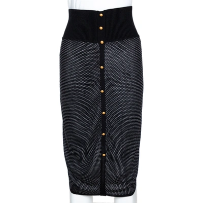 Pre-owned Mcq By Alexander Mcqueen Monochrome Patterned Stretch Knit Button Detail Skirt S In Black