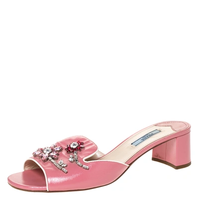 Pre-owned Prada Pink Patent Leather Flower Crystal Embellished Slide Sandals Size 39.5