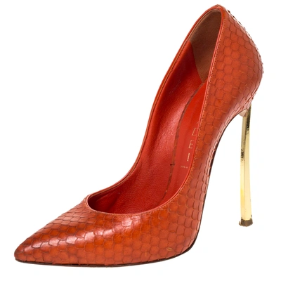 Pre-owned Casadei Orange Python Embossed Leather Pointed Toe Pumps Size 36