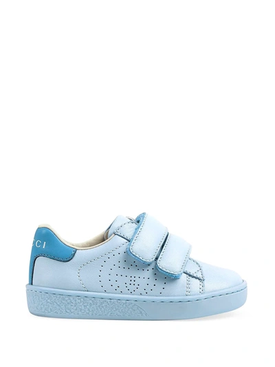 Gucci Kids' Interlocking G Perforated Touch-strap Sneakers In Blue