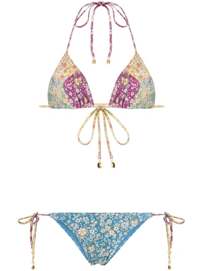 Zimmermann Carnaby Floral-print Triangle Bikini In Blue