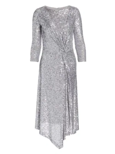 St John Starlight Sequin Mesh Side Knot Midi Dress In Silver Light Grey