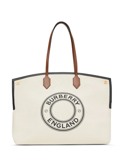 Burberry Logo Cotton Canvas Society Tote In Neutral Pattern