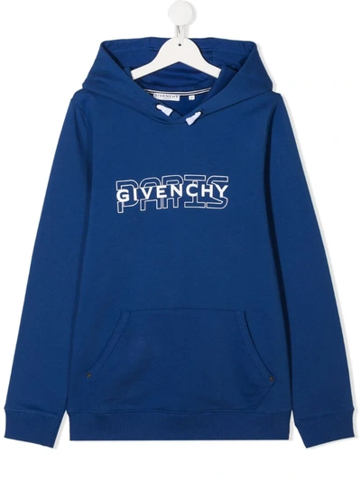 Givenchy Kids' Logo Print Cotton Hoodie In Blue