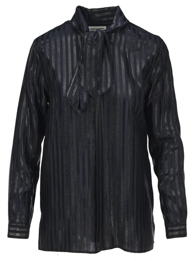 Saint Laurent Striped Pussybow Blouse In Navy