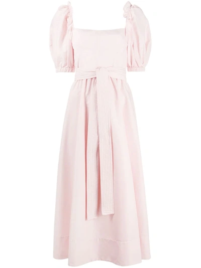 Self-portrait Belted Puff-sleeve Taffeta Midi Dress In Light Pink