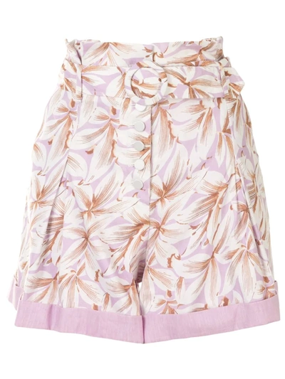 Simkhai Lillian Belted Floral Paperbag Shorts In Purple