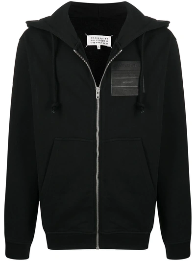 Maison Margiela Leather-appliquéd Organic Loopback Cotton-jersey Zip-up Hoodie In Black