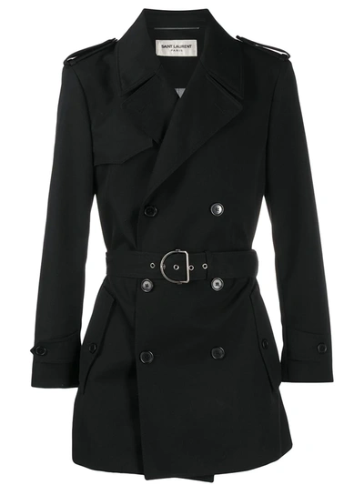 Saint Laurent Short Double-breasted Trench Coat In Black