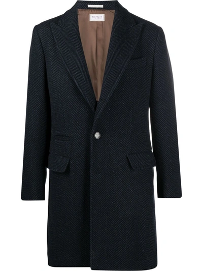 Brunello Cucinelli Chevron-knit Single-breasted Coat In Blue