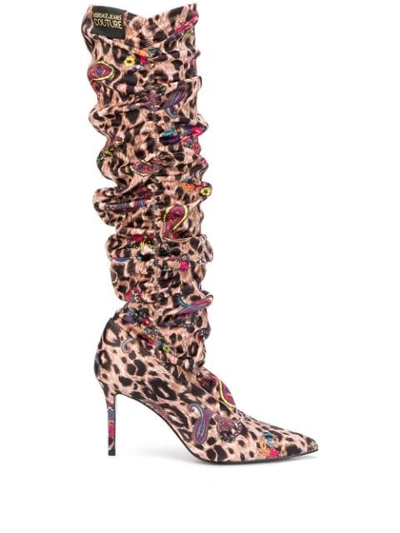 Versace Jeans Couture Leopard Print Ruched Boots In Brown