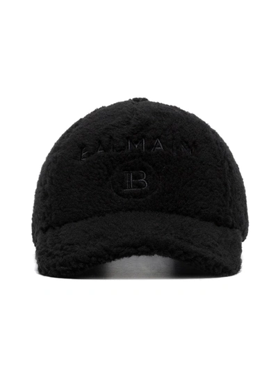 Balmain Logo-embroidered Fleece Baseball Cap In Black