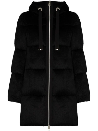 Herno Faux Fur Hooded Long Puffer Jacket In Black