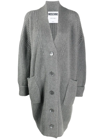 Moschino Ribbed Mid-length Cardigan In Grey