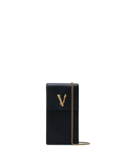 Versace Virtus Leather Phone Holder W/ Chain In Black