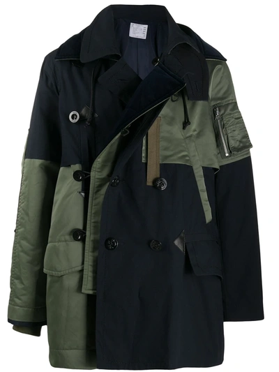 Sacai Double Breasted Panelled Coat In Blue