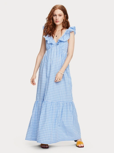 Scotch & Soda Ruffle Trim Stripe Maxi Dress In Blue