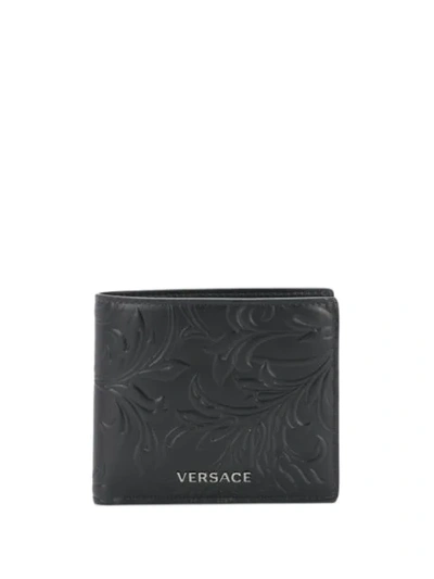 Versace Logo Baroque Leather Wallet In Black