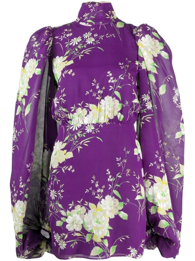 Attico Floral Silk Turtleneck Minidress In Purple