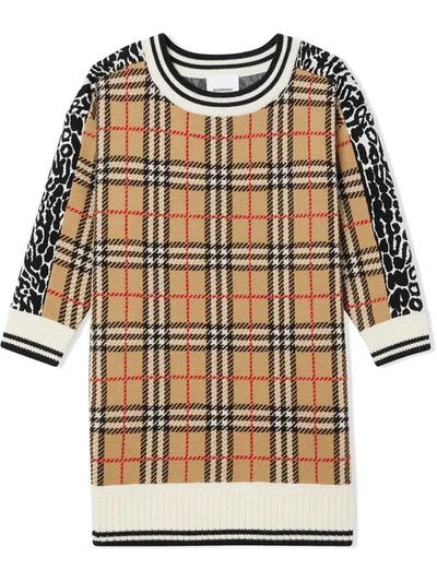 Burberry Kids' Little Girl's & Girl's Archive Check & Leopard Print Knit Dress In Beige