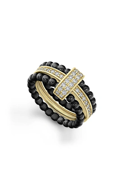 Lagos Meridian 18k Yellow Gold & Ceramic Caviar Diamond Stack Ring In Multi/gold
