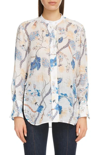 Chloé Floral Print Band Collar Blouse In White Pink