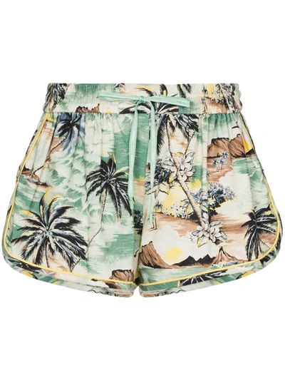 Zimmermann Juliette Printed Linen And Cotton-blend Voile Shorts In Gray Green