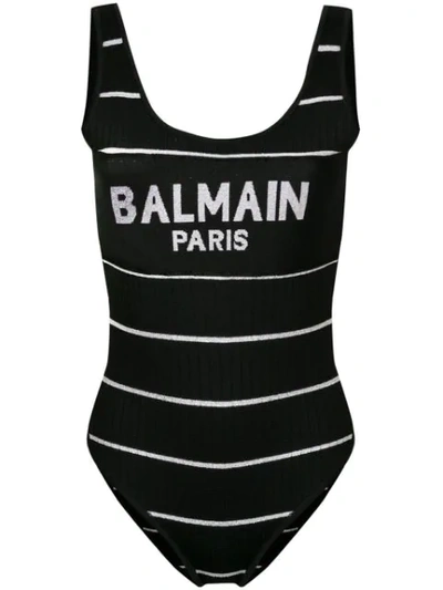 Balmain Metallic Stripe Logo Bodysuit In Black