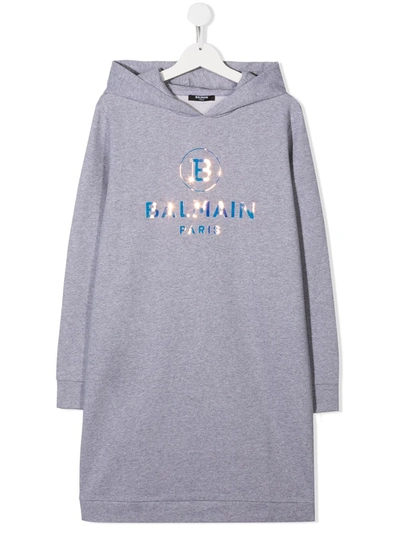 Balmain Kids' Holographic Logo Hooded Dress In Grey