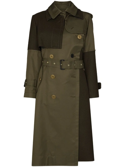 Sacai Belted Double-breasted Trench Coat In Green