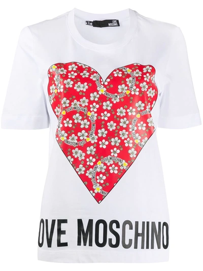 Love Moschino Floral Heart Logo Print T-shirt In White