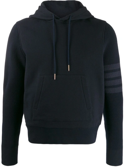 Thom Browne Navy Classic Loopback Ribbed Sleeves 4-bar Pullover Hoodie In Blue