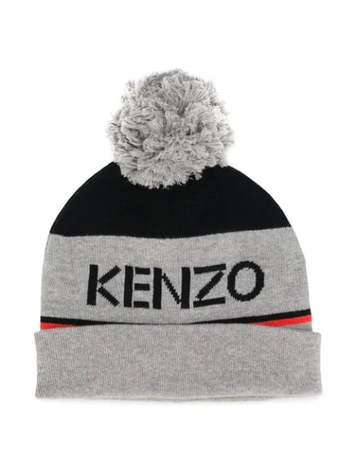 Kenzo Kids' Logo Jacquard Cotton Blend Knit Hat In Grey