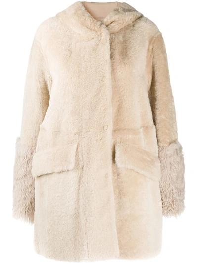 Drome Hooded Shearling Coat In Neutrals