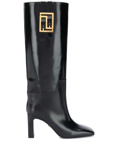 Versace Greca 90mm Calf-height Leather Boots In Black